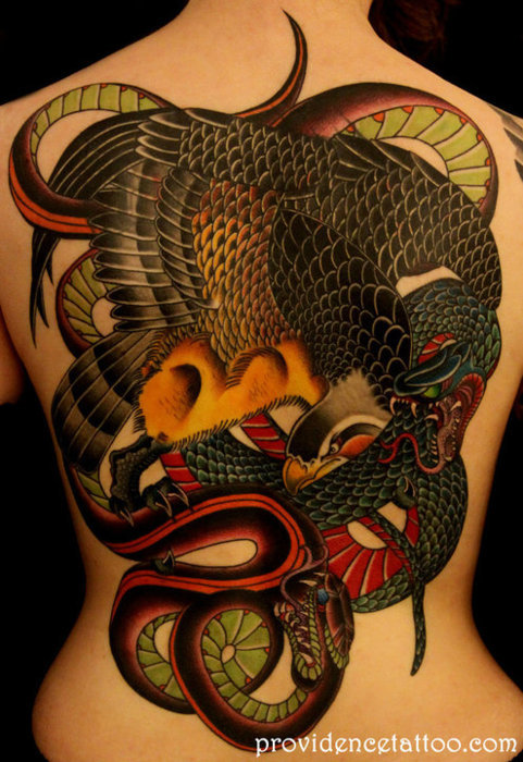 dermagraphique:

fuckyeahtattoos:

Done by Dennis M Del Prete at Providence Tattoo

What a fucking awesome piece! Its the total package: Well drawn, well placed, good composition, and super bold, with a unique style and nice color pallet. 
