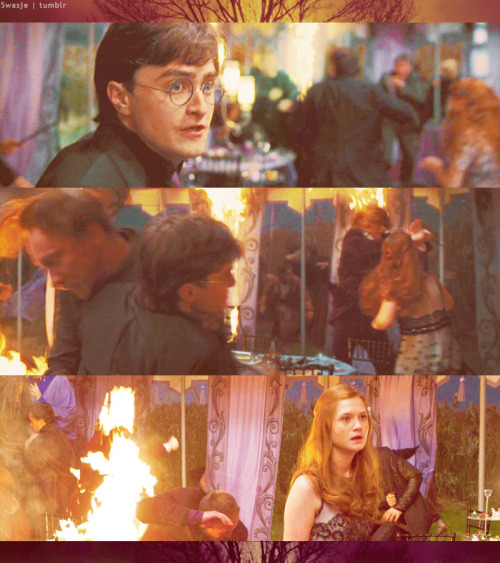 swasje:

Chaos. There was no other word for it. People all around him were either apparating away or fighting Death eaters. He was looking for Ron and Hermione when his eyes fell on Ginny. She was fighting right beside her brother Bill. He forgot everything the moment he saw her. He had to protect her. He wanted to go to her and make sure that nothing happened to her. Lupin stopped him. Telling him to go away. He resisted, but logically he knew that he had to. He had to leave in order to protect her and her family. With one last look at her he turned around, found Ron and Hermione and apparated away…
Ginny had to see him. She had to see him one last time before he left. He had told her that he would. She had hoped to spend some more time with him before he left. Not knowing when they would see each other again. She fought off the Death eater and turned around to look at him one last time. But he had gone…They had gone…
