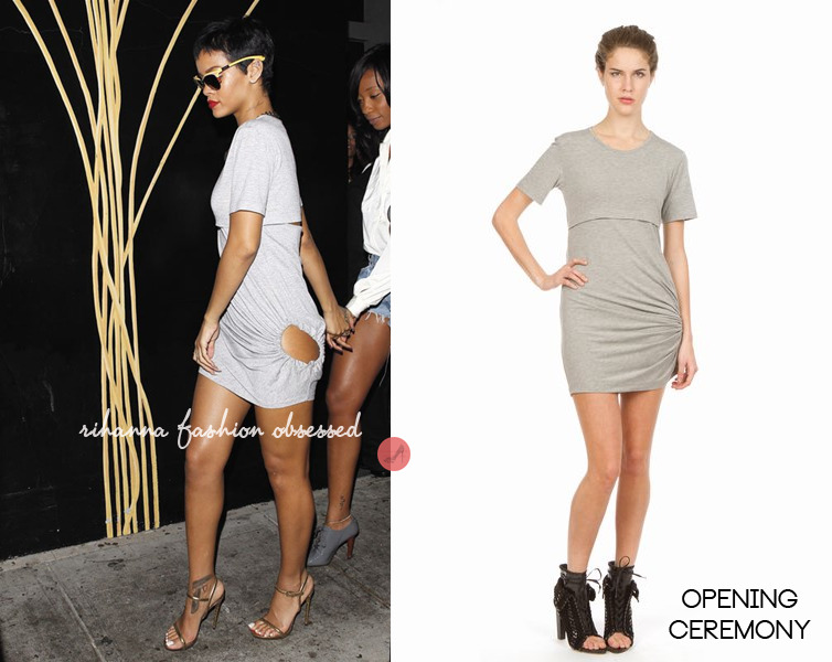 
Rihanna and her best friend, Melissa, were both seen  leaving the Eden Club in LA. Rihanna is  wearing a pair of Prada Dixie Car Deluxe Club Master sunglasses, a grey Opening Ceremony  Graeme Armour J.A.G. Open Back Tie dress, Tom Ford ankle strap sandals, and a Melody Ehsani Queen of the Jungle Necklace.
