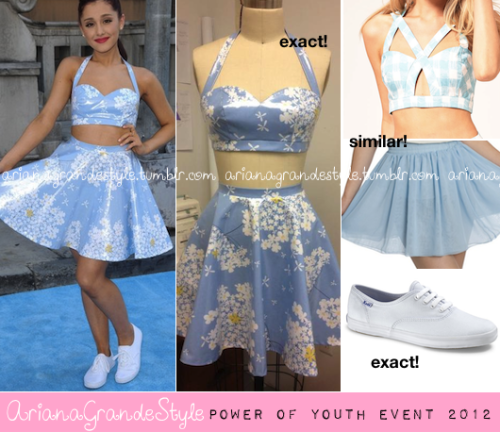Ariana attending the Power Of Youth Event 2012. Arianas exact &#8216;set&#8217; she wore, was custom made/made special for her by a designer. Similar Top With Cut Out from Asos.  Similar Chiffon Double-Layered Skirt from American Apparel.  Exact Champion Original Keds from Keds.  See what Ari wore back in 2010 at the power of youth event HERE. 