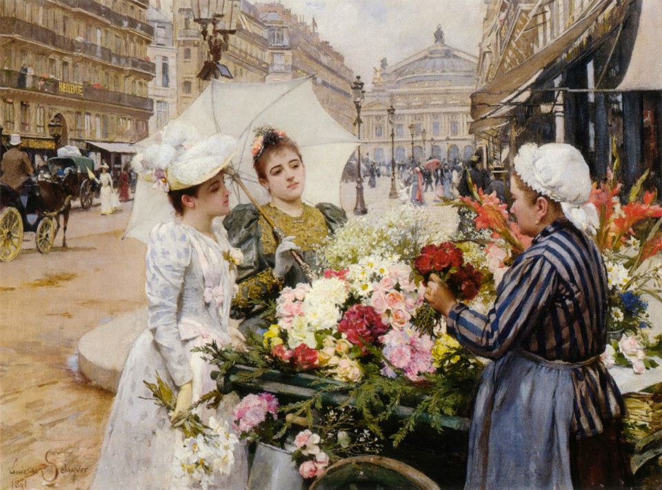 The Flower Seller, Avenue de L’Opera, Paris” by Louis Marie de Schryver (1891).