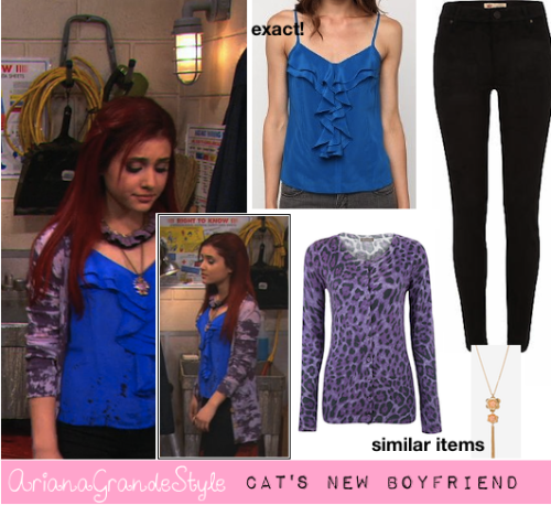 Cat in the episode &#8220;Cat&#8217;s new boyfriend&#8221;. Exact Ruffle Zip Back Cami from Silence &amp; Noise at UO (sold out). Similar Black Molly Jeggings from River Island. Similar Leopard Print Cardigan from John Lewis.  Similar Double Flower Necklace from F21. 