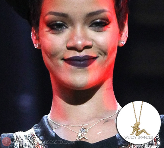Check out Rihanna during her Iheart radio performance in Las Vegas wearing Wendy Brandes $1,600&#160;18K yellow gold &#8216;mud flap Jill necklace&#8217; with a satin and ruby finish.
You can catch up with Rihanna&#8217;s other looks HERE from the same event