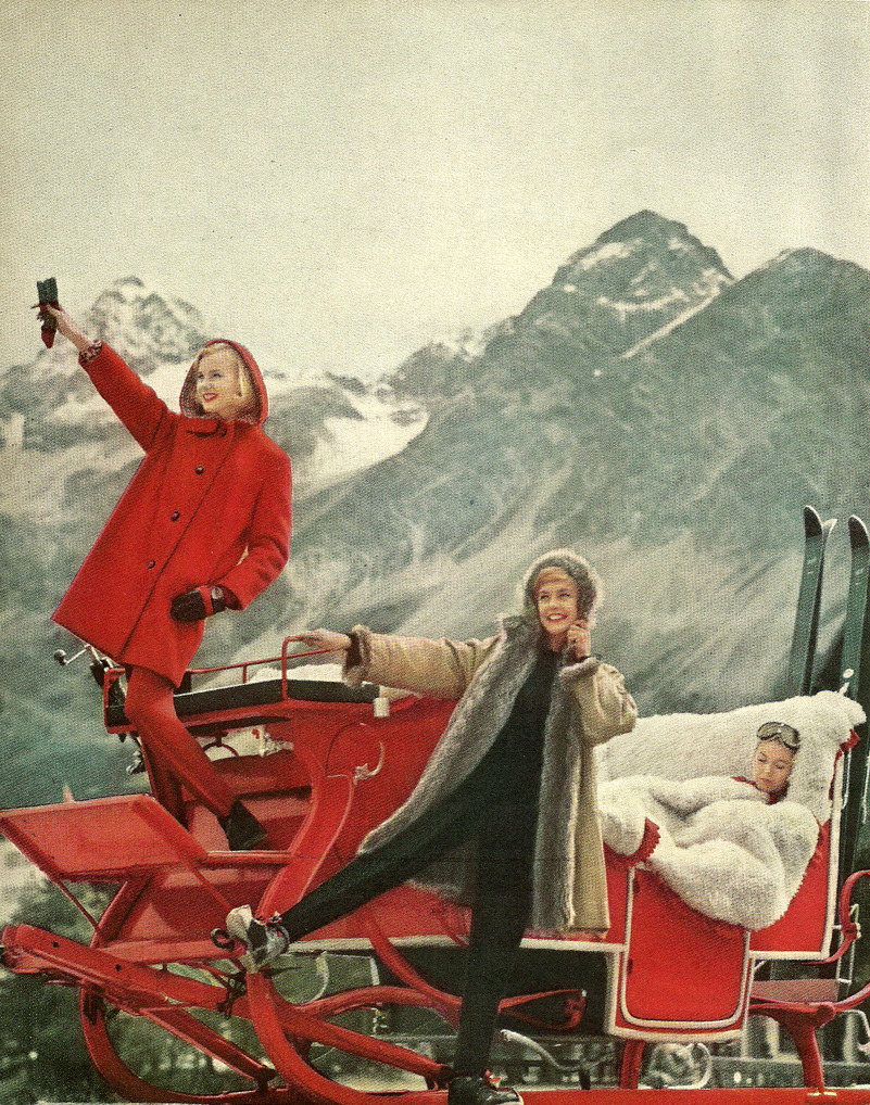 Ski wear fashion spread photographed in Switzerland for Mademoiselle Magazine, circa 1950s.
