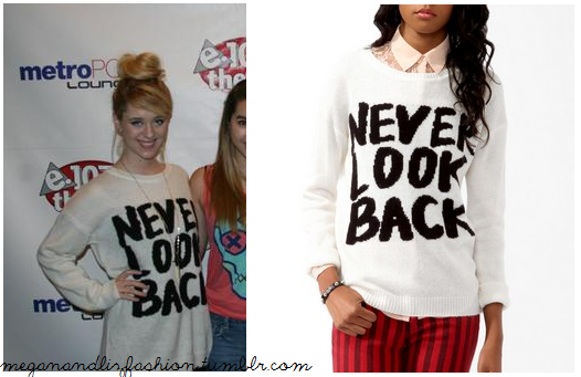 I saw this photo on the megan and liz tumblr, and fell in love with Liz&#8217;s sweater.  It is white a baggy (I think she got a larger size) with Never Look Back Printed on it.You can buy it HERE for $22.80 from Forever 21 