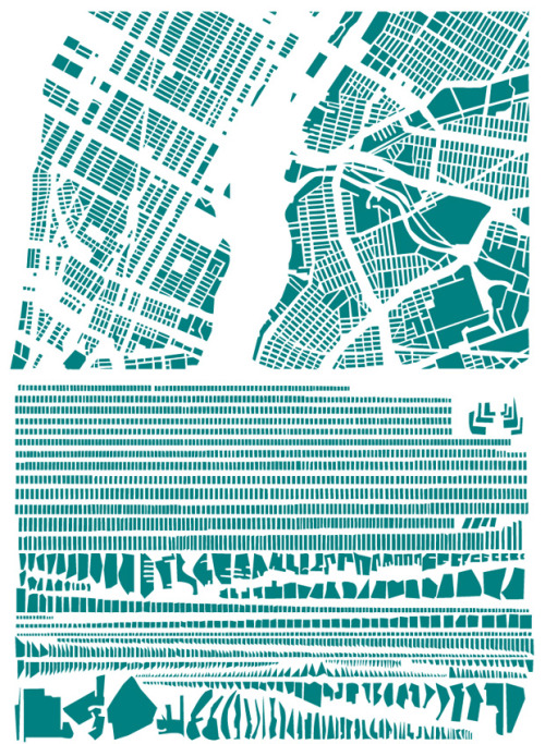 French artist Armelle Caron deconstructs and remixes the famous grids of iconic cities. Above: NYC.