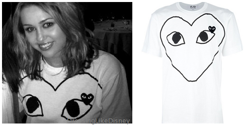 Miley Cyrus wears this Comme Des Garcons Play CDG White Tee Heart Print    You can buy this shirt from Farfetch HERE for $104or HERE for $99or HERE from Ssence for $155or a red print HERE for $110