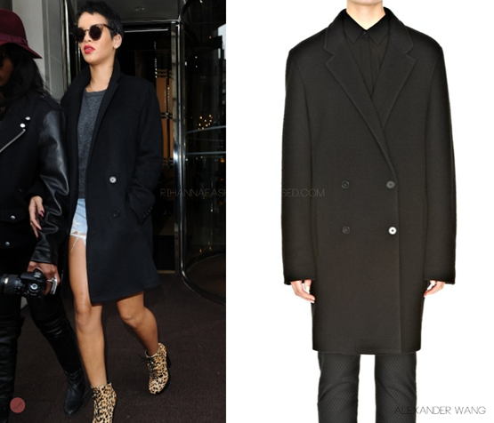 Update: Rihanna in London last month leaving her hotel wearing a brushed felt double breasted coat by designer Alexander Wang from the fall 2012 collection, which is now available to purchase from the official site HERE for $650.00