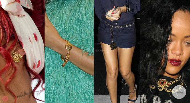Rihanna in Vintage Chanel jewellery/accessories.