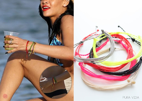 Rihanna wearing Pura Vida&#8217;s uniquely handmade bracelets while on holiday in Hawaii back in April. Every purchase made is for a good cause to help provide a full time job for artisans in Costa Rica. To know more about their cause and to buy your very own Pura Vida bracelet visit their official site at puravidabracelets.com. 