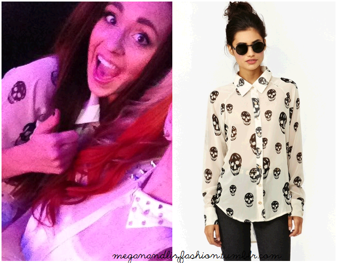 This is the white blouse with black skulls that Megan wore in a twitter picture.You can buy it HERE from Nasty Gal for $48 