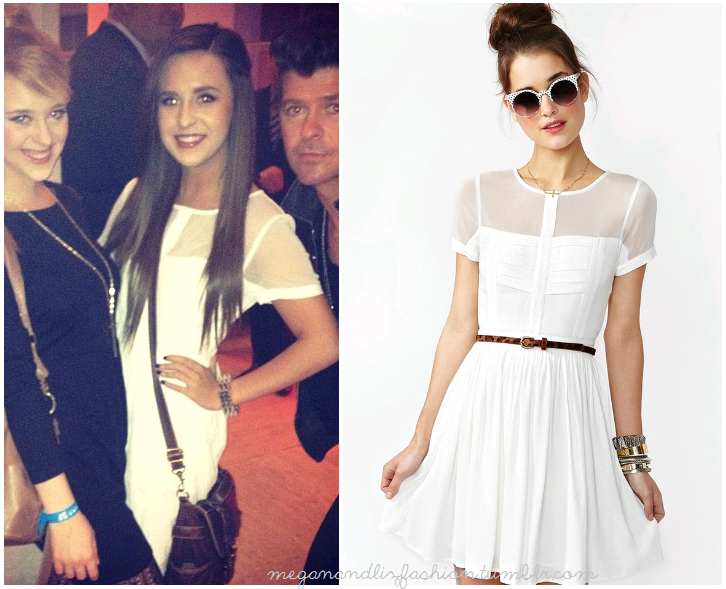This is the cute white dress with mesh at the top Megan is wearing in this twitter picture.You can buy it HERE for $98 from Nasty Gal 