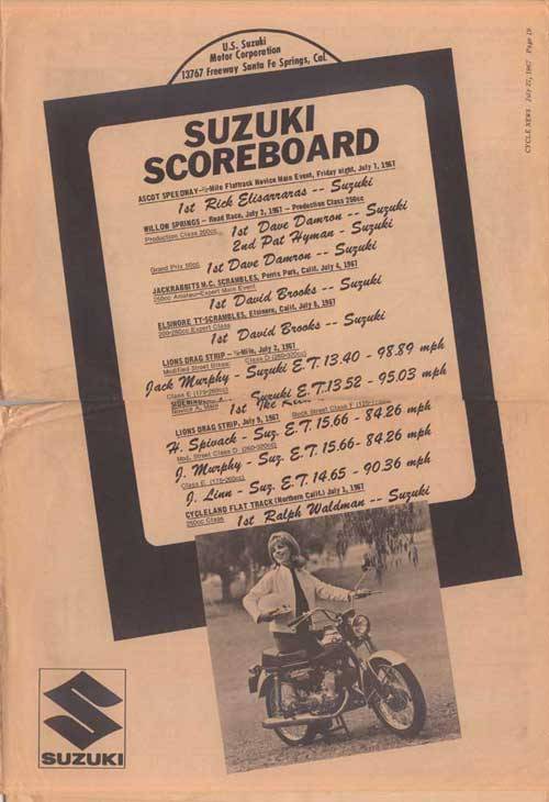 Vintage Bike Magazine/Cycle News 1967 July/US.SUZUKI Ad Scrap Poster