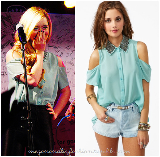 This is the cute blue top with cut out shoulders and a studded collar that Liz is wearing here.You can buy this top HERE from Nasty Gal 