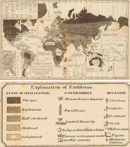 Gorgeous 1821 map of the “moral and political” composition of the world by engraver William C. Woodbridge, a fine addition to this look at cartography as power, propaganda, and art.
