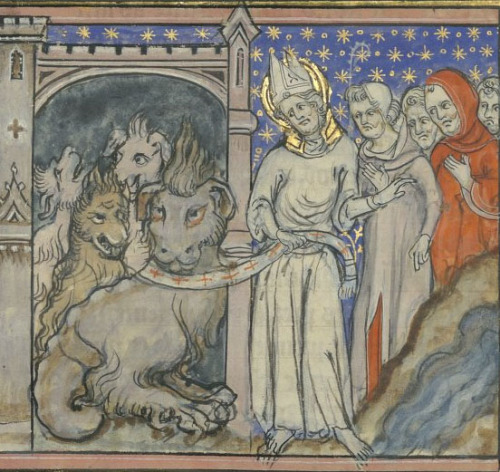 Bibliothèque de l&#8217;Arsenal, Ms-5080 réserve, f. 75r (St Clement of Metz and the dragon). Vincent of Beauvais, Miroir historial, French translation by Jean de Vignay, Books IX-XVI. Paris, c1335.<br />&#8221; While we fed our eyes with the sight of the phizzes and actions of these lounging gulligutted Gastrolaters, we on a sudden heard the sound of a musical instrument called a bell; at which all of them placed themselves in rank and file as for some mighty battle, everyone according to his office, degree, and seniority.<br /><br />In this order they moved towards Master Gaster, after a plump, young, lusty, gorbellied fellow, who on a long staff fairly gilt carried a wooden statue, grossly carved, and as scurvily daubed over with paint; such a one as Plautus, Juvenal, and Pomp. Festus describe it. At Lyons during the Carnival it is called Maschecroute or Gnawcrust; they call&#8217;d this Manduce.<br /><br />It was a monstrous, ridiculous, hideous figure, fit to fright little children; its eyes were bigger than its belly, and its head larger than all the rest of its body; well mouth-cloven however, having a goodly pair of wide, broad jaws, lined with two rows of teeth, upper tier and under tier, which, by the magic of a small twine hid in the hollow part of the golden staff, were made to clash, clatter, and rattle dreadfully one against another; as they do at Metz with St. Clement&#8217;s dragon. - Rabelais, Gargantua and Pantagruel, Bk. IV, Ch. LIX.
