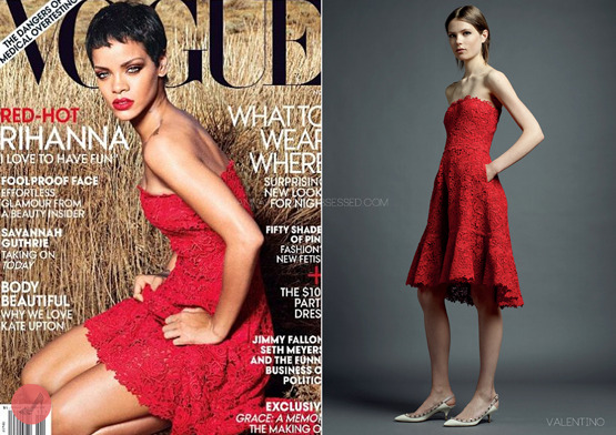 Rihanna on the cover of her second US Vogue cover shot by Annie Leibovitz. Posing in the fields similar to her Loud single cover for Only Girl (in the world), she wore a red signature Valentino dress from the resort 2013 collection.
This issue comes out October 19th weeks before her new album &#8216;unapologetic&#8217; comes out November 19th.