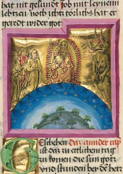 Bayerische Staatsbibliothek, BSB Cgm 8010 a, details of ff.148r and 148v. Furtmeyr-Bibel (Deutsche Bibel AT, Genesis - Ruth). 15th century. Artist: Berthold Furtmeyr.<br />Now there was a day when the sons of God came to present themselves before the Lord, and Satan came also among them. And the Lord said unto Satan, Whence comest thou? Then Satan answered the Lord, and said, From going to and fro in the earth, and from walking up and down in it. - Job 1:6-7
