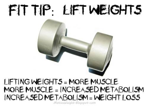 motiveweight:

Lifting weights = more muscle = increased metabolism = weight loss
