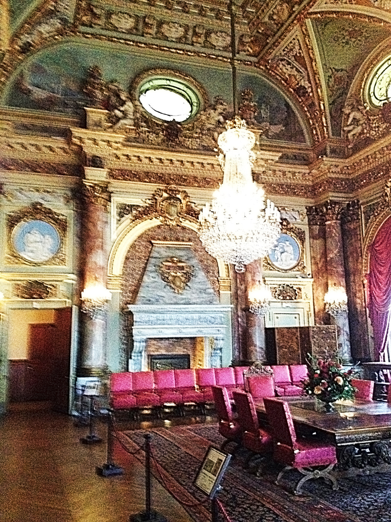 Photo of the dining room of The Breakers estate in Newport, RI. Even  title=