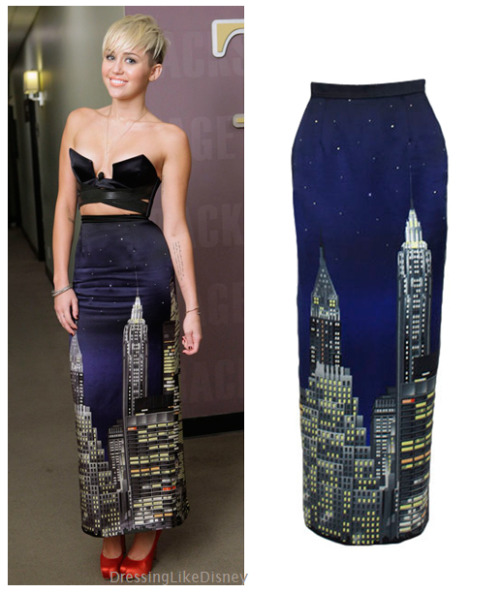 Miley Cyrus wears this Moschino Couture Silk Skyline Skirt while she chats with she chats with host Jay Leno on The Tonight Show on Friday night (October 12) in Los Angeles.    Unfortunatly it&#8217;s sold out.You can buy one from HEREBecause this is such a rare &#8216;looking&#8217; skirt i decided to look for similar items with the pattern.The most similar dress i found is this Motel Rocks Zoe Dress in Night Time City Print HERE from ASOS for $49 or HERE from Motel for $54 or another similar is this Motel Rocks Zena Dress HERE from Singer22 for $60Some Similar maxi skirts are:1. Navy Straight skirt HERE for $27.95 from Witchery2. Cobalt maxi Skirt HERE from The Iconic for $1993. Side Pleated buttoned skirt HERE for $1054. Blue Split low hem skirt HERE from ASOS for $41