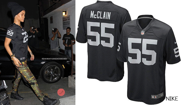 Rihanna was seen arriving at a recording studio in Los Angeles wearing a Nike&#8217;s Oakland Raiders #55 Rolando McClain jersey, camouflage track pants by Adidas x Jeremy Scott , a black beanie  by  L.A streetwear brand 187 Inc, andblack Vaider Supra sneakers  sneakers.