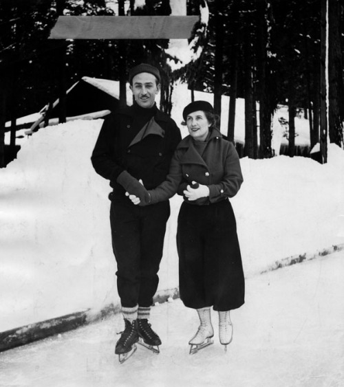 
Movie producer Walt Disney and his wife found the winter sports in Yosemite decidedly to their liking in January 1935. It was the Disney family&#8217;s first experience with winter sports, and they were learning to figure skate before they left Yosemite Valley. Ski-joring was another favorite pastime. The Disneys spent the New Year with Dr. and Mrs. Hartley Dewey, Yosemite, and the rest of the week at The Ahwahnee Hotel.
