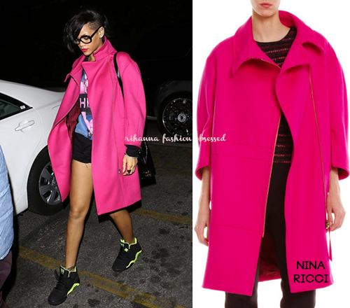 After wrapping up Diamonds video shoot, Rihanna headed back to the studio to finish recording for her upcoming 7th studio album.
For the occasion, Rihanna wore a  Hood by Air t-shirt from their upcoming 2013 spring collection, Nike Air Force 180 sneakers,  and a hot pink coat by Nina Ricci.