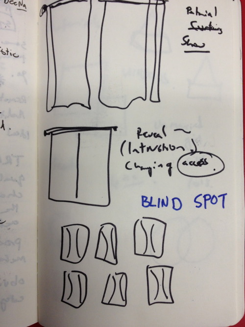 The next sketch contains sketches of 8 pairs of curtains. 
On the top is a pair large curtains casually hanging from a rod, with a slight opening between the two curtains. A few words are written to the left of the drawing, one of which is “show,” which is underlined. 
Below this is a slightly smaller drawing of a pair of rigid-looking curtains hanging from a rod. To the right are written “Reveal,” another word in brackets, “Changing,” and finally the word “access” which has been circled. 
At the bottom are six small stylized drawings of pairs of curtains. 
Between the words in the middle and the six small drawings at the bottom, the words “blind spot,” in capital letters, are written in blue.