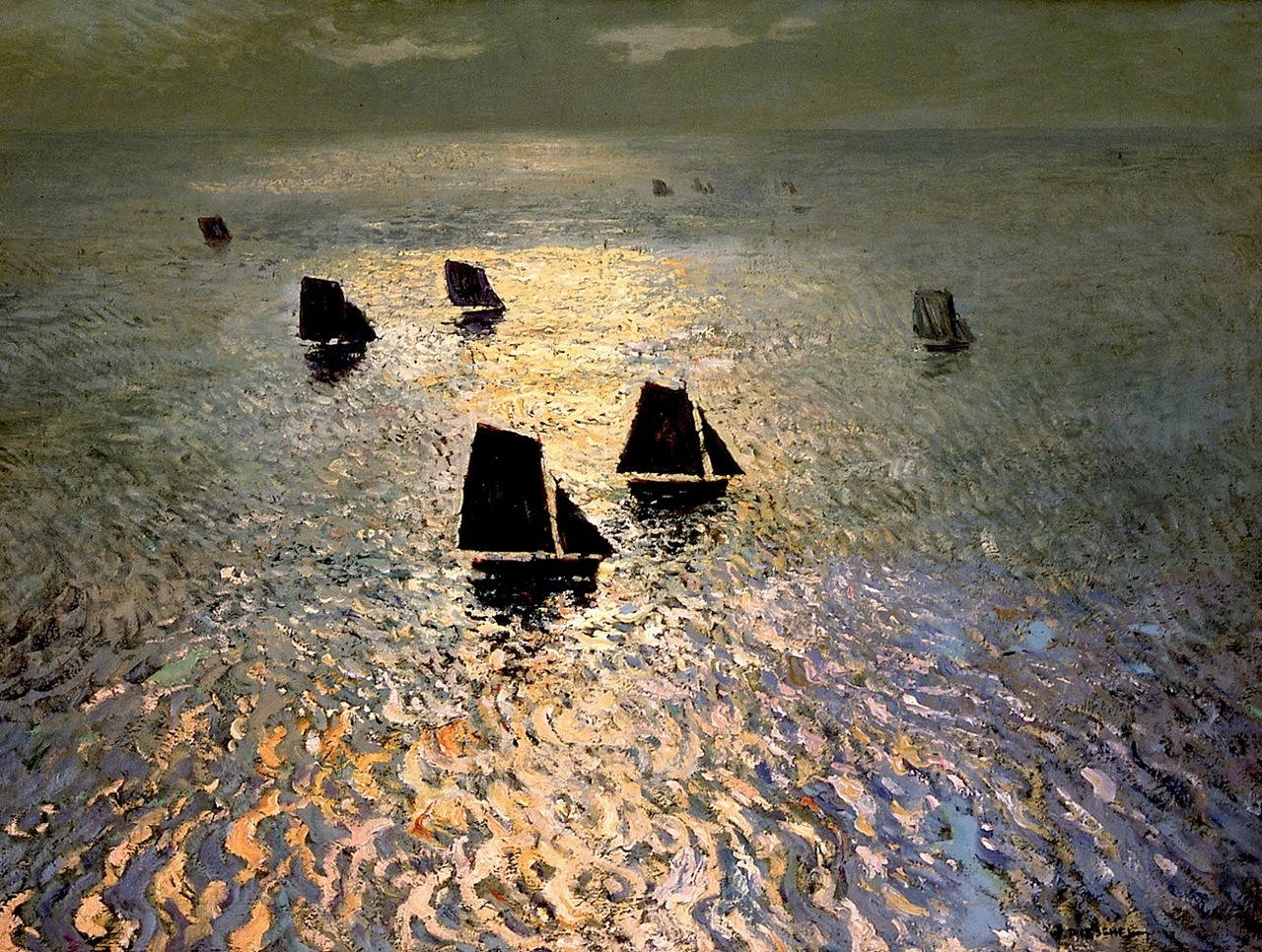 William Frederick Ritschel (1864 - 1949). Boats Returning Home. Oil on Canvas. 