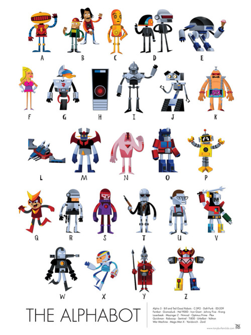 tonybuifanclub:

Here is the Alphabot poster with the A-Z of my favorite robots! You can purchase the 18x24 print at http://genuinehaha.bigcartel.com/product/the-alphabot
If you have students or children that don’t know these particular robots, I will gladly visit you and reenact key scenes from television, film and video games. Particularly Bill and Ted 2. Station!

http://tonybuifanclub.com/