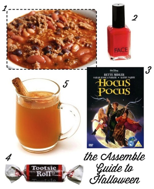 Assemble's DIY guide to halloween, hocus pocus, venison chili, face stockholm nail polish, tootsie roll candy, hot cider toddy
