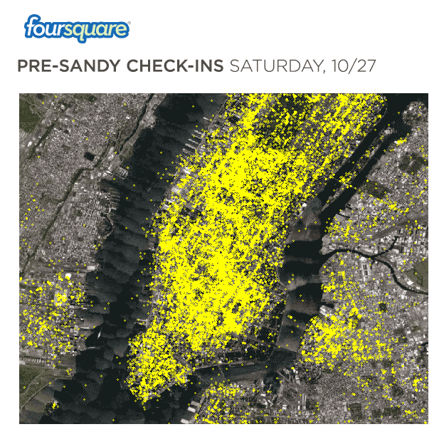 Downtown Goes Dark on Foursquare
By Sam Biddle
As saltwater poured into Manhattan, Manhattanites fled to higher, electrified ground like Wi-Fi rats. But other than tweets, we had no proof—until now. New Yorkers’ Foursquare checkins, charted by the company itself, show a massive exodus northward, out of the Dead Zone and into techie comfort.[[MORE]]

The difference of only a few days—from October 27th, the Saturday before the storm, and this past Wednesday the 31st once refugees had relocated, is immense. Geek droves poured uptown and into Brooklyn, leaving the powerless stretch beneath 34th street appropriately bleak for Halloween. Hard to imagine what the stragglers were actually checking into, other than creepy alleys and broken ATMs.