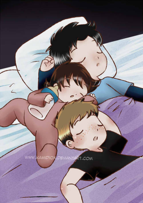 Happy belated bday Paper Plushie! by *KamiDiox
Little Cas, Dean and Sam sleeping together as a big family. I guess is Bobby&#8217;s heaven.