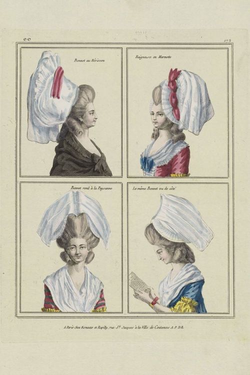 Bonnets, 1780 France, Gallerie des Modes et Costumes Français
Row 1: Bonnet au Hérisson, Baigneuse en Marmotte
Row 2: Bonnet rond à la Paysanne, le même Bonnet ou de côté