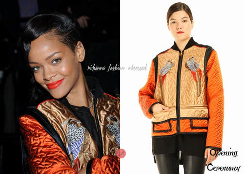 Rihanna arrived at the 40/40 club in New York wearing a Opening Ceremony&#8217;s &#8216;Birds of Paradise&#8217; quilted jacket by Proenza Schouler, Timberland boots, a Chanel handbag, and a diamond necklace by Kentshire.