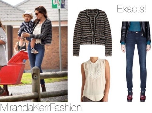 Miranda was seen in South Africa with her son Flynn wearing this Isabel Marant cardigan, this Isabel Marant top and these Acne jeans.  <br /> 
