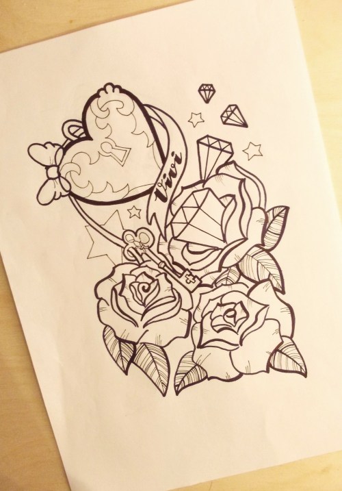 girly tattoo flash #key tattoo #padlock tattoo #rose #rose tattoo ...