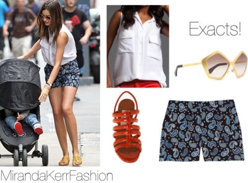 Miranda was out with Flynn wearing this exact Equipment blouse, these sold-out Stella Mccartney shorts, these sold out Lanvin sandals in yellow, and these Miu Miu sunglasses. xx <br /> 