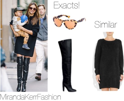 Miranda took a walk around NYC with her son flynn wearing a pair of Hermes over the knee boots, and a pair of miu miu leopard print sunglasses. Both items are sold out. I&#8217;m still searching for the exact sweater dress, but here is a similar version. x <br /> 