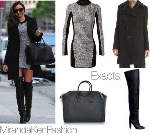 Miranda looked amazing wearing this Alexander Wang dress, this Givenchy wool coat, this Givenchy bag, &amp; a sold-out pair of Hermes boots. x