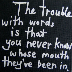 tra-noi:

John Reynolds. Trouble with Words (oil pen on canvas; 15 x 15 cm). 2009.
(via 1301PE Gallery, L.A.)
