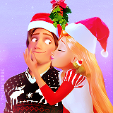 Rapunzel interrupts this icon for a quick kiss under the mistletoe with Flynn.