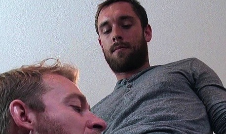 Ethan Ever in a double blowjob, double facial gay porn scene with Aaron French and Seth Chase.
