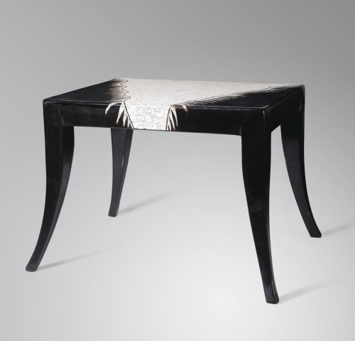 Another treasure at Sotheby&#8217;s Paris today. This side table is attributed to Katsu Hamanaka, circa. 1925. It is brown/black lacquered wood with eggshell decoration in the form of a small fringed table cover, on sabre legs. Estimate: 20,000 - 30,000€