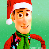 Woody in a Christmas plaid top, holiday vest, and scarf