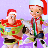 Buzz and Jessie in festive hats and scarves. Buzz got a little kiss on the cheek, too!