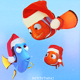 Nemo, Marlin, and Dory wearing holiday Santa Hats (obviously, Dory has no idea why it's even on her head)