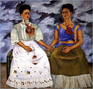 Frida Kahlo.  The Two Fridas. 1939 Oil on Canvas. —-somewhere in mexico city.There are two women sitting on one long bench, with not much distinction as to where exactly they are.  We do see a very blue and cloudy sky in the background.  The two women look almost identical in the face and posture.  What really sticks out is the distinct unibrow on both women.  Their up-did hair and facial structure look more masculine than women in art that i am used to seeing. They are angled slightly towards each other, with their dresses contrasting in color where their legs meet.  The woman on the left is in a white gown with many layers and ruffled, lacy texture on top that flows into (what only looks and feels thinner because of reduced ruffles and layers) a thinner piece of skirt that is nicely embroidered with flowers on the trim.  In this womans right hand she holds a pair of scissors that are attached to what at first appears to be just a line.  As my eye examined that area, i noticed that what i thought were more flowers, were actually splotches of blood.  That thin line lead me to her chest, where her heart and breast should be.  A human heart is present where it should be within the human body on top of her flesh.  Underneath it where i expected to see a more feminine chest, it is almost masculine and pectoral looking.  The [now] arteries/veins of the heart are connected to the (also) exposed heart of the woman to the left of her.  The woman on the right actually looks like she has a mustache.  The primary almost analogous colors of her top dont look as elegant and pure in comparison to her other half.  In her left hand she holds a spool, which also connects back to her heart.  They are holding hands and staring blankly outwards.  The painting gives off a feeling of opposites with the use of light and dark in the womens attire. The painting made me feel as though these two women were one person, just two different sides of her.  The connection of the two hearts through just a thin line show that there is an association between them.  Looking more closely at the hearts… it appears as though the artist has chosen to cut a heart in half, not down the middle like we may be used to seeing but through it.  The Frida on the left has the part that would be closer to ones back (when positioned respectively) and the Frida on the right has the half that would be closer to ones chest.what i get from this painting is that there are two sides to Frida.  one is more feminine and pure while the other is a little rougher around the edges, but they are still one being and very much in tune and respectful towards each other. it is symbolic for her to use the heart as where they connect, and how they connect.  they arent attached at the hip, but at the heart- the center of your goals, love, life&#8230; etc.  Anyone can relate to this piece because as humans we are complex creatures with different layers that make us who we are.not sure about those scissors and blood though&#8230;