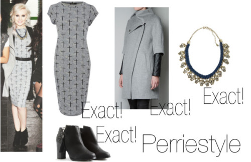 Perrie at 103 key radio
River Island pattern dress, $40 / 
Zara zip coat / 
High heels, $56 / 
Zara skull jewelry
